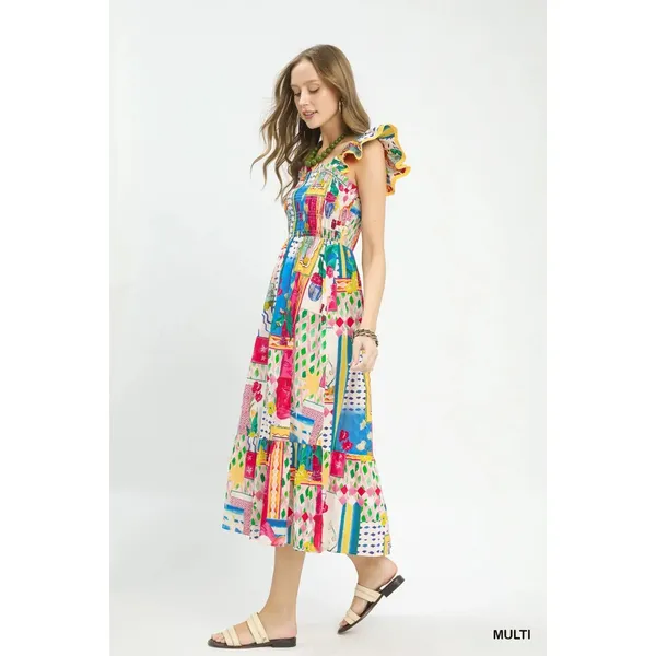 Umgee Abstract Print Smocked Ruffle Sleeve Tiered Midi Dress - Medium - Image 3