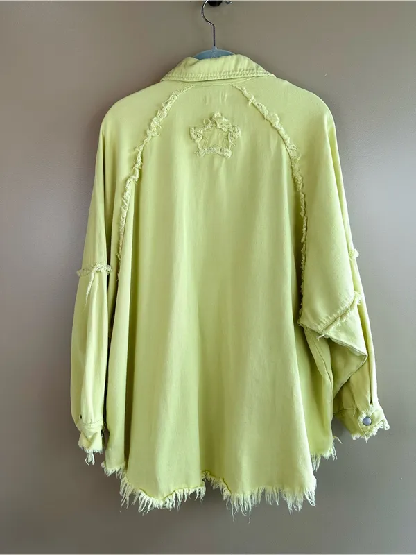 POL Chartreuse Green Raw Hem Cotton Shacket Jacket Oversized Frayed Small Casual - Image 7