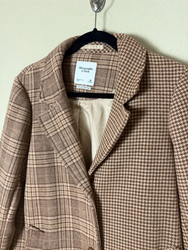 Abercrombie & Fitch The A&F Dad Coat Mixed Plaid Jacket Camel Tan Size Medium - Image 6