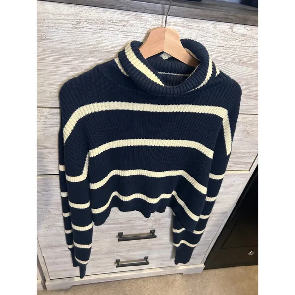 Altar'd State Womens Navy Blue Cream Striped Ribbed Cropped Turtleneck Sweater L - Image 2