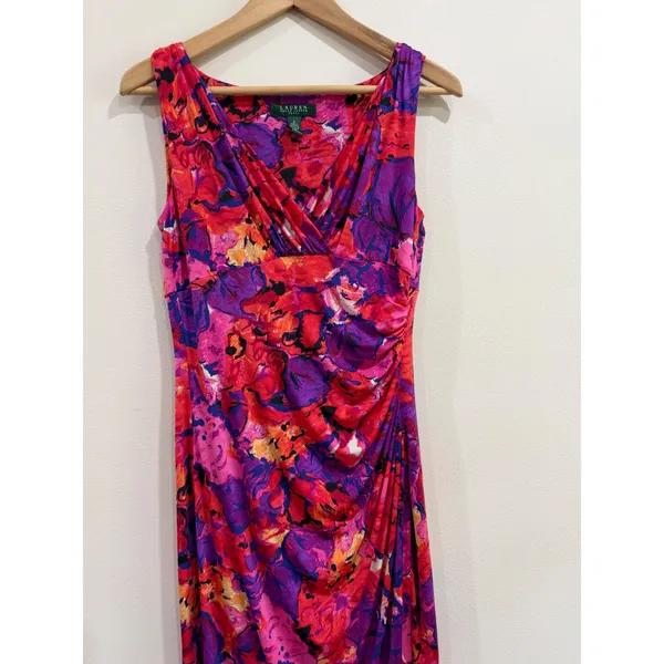 Lauren Ralph Lauren Pink Purple Floral Ruched V-Neck Sheath Dress Size 8 - Image 3