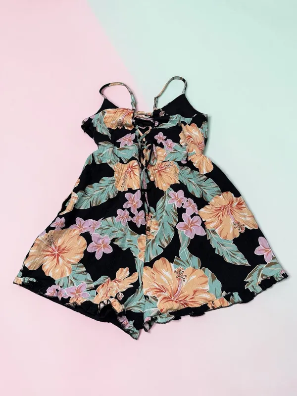 Forever 21 Tropical Hibiscus Floral Lace-Up Back‎ Romper Size Small - Image 2