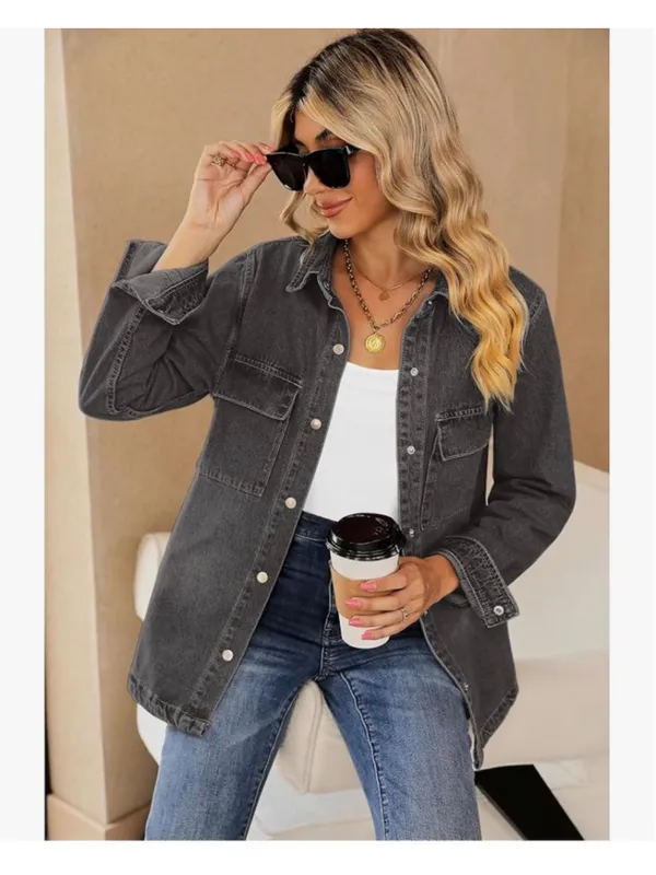 NEW Cotton Jean Jacket Shacket Oversized Button Down Denim L Gray Size L - Image 7