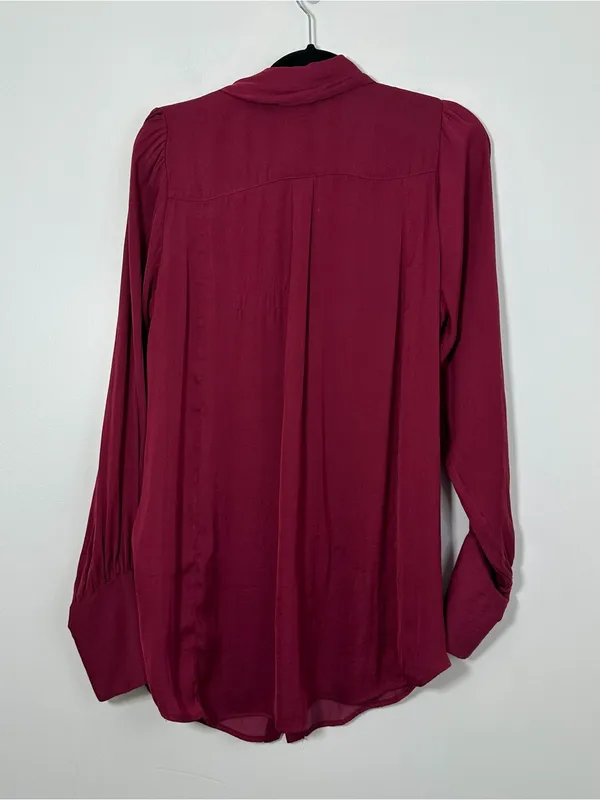 Free People Burgundy Button Front Blouse Women’s Large Puff Sleeve Cuff Top - Image 4
