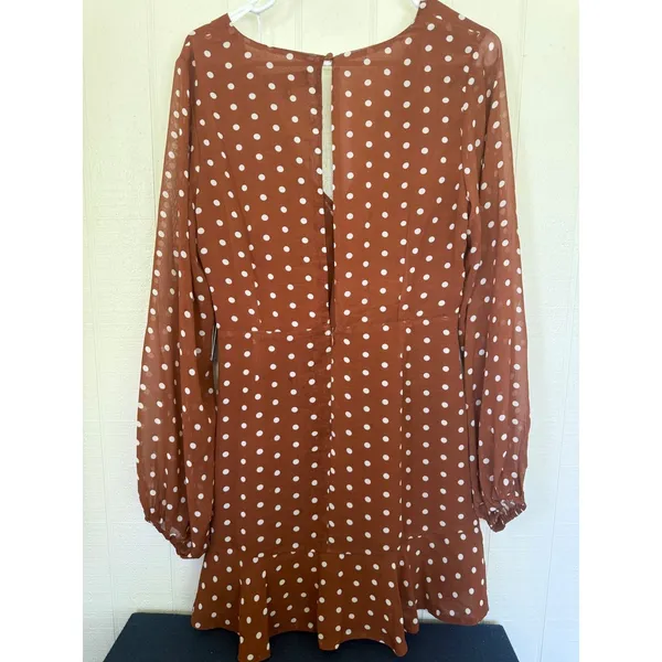 Lulus Rust Brown Polka Dot Long Sleeve Ruffle Mini Dress NWT - Image 5