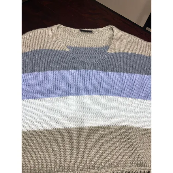 Striped Knit Poncho Sweater Fringe Trim Cozy Layering Piece‎ T-17 - Image 2