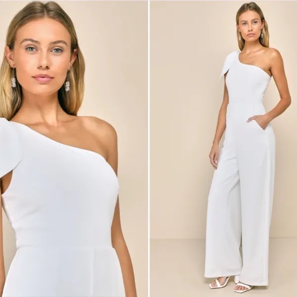 LULU's Wedding Bridal Shower Sexy Modern Chic One Shoulder Jumpsuit Pantsuit - Image 3