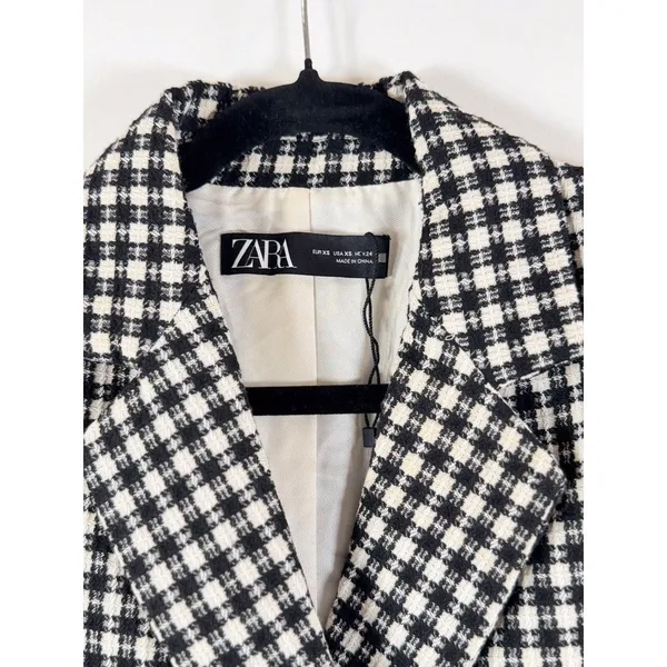 ZARA Womens Blazer Black Double Breasted Plaid Cropped Tweed Jacket Notched XS - Image 4