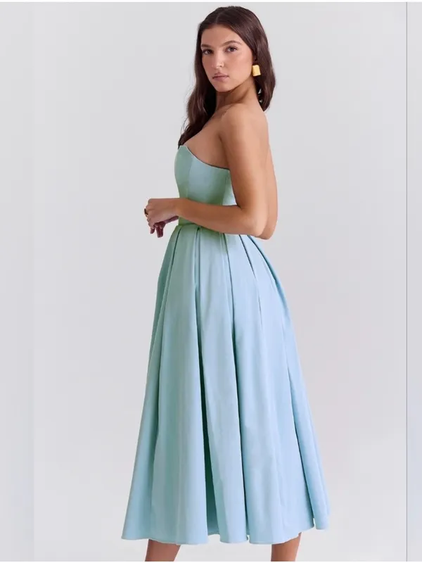 House of CB Audrey Tuscan Blue Midi Strapless Dress - Image 3