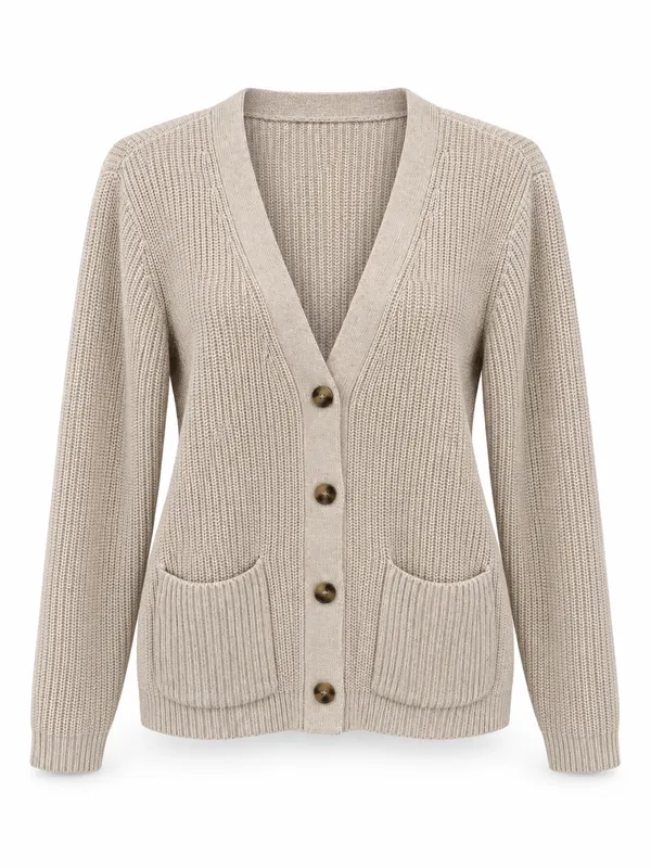 Lands End Drifter Womens L Petite 14-16 Beige Cotton V Neck Cardigan - Image 2