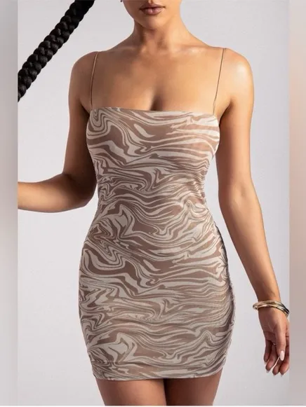 Meshki Mia Beige Marble Print Slip Mini Mesh Dress Medium - Image 2