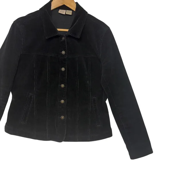 Black Corduroy Button Up Trucker Cotton Jacket Moto Edgy Comfy Streetwear Size M - Image 6