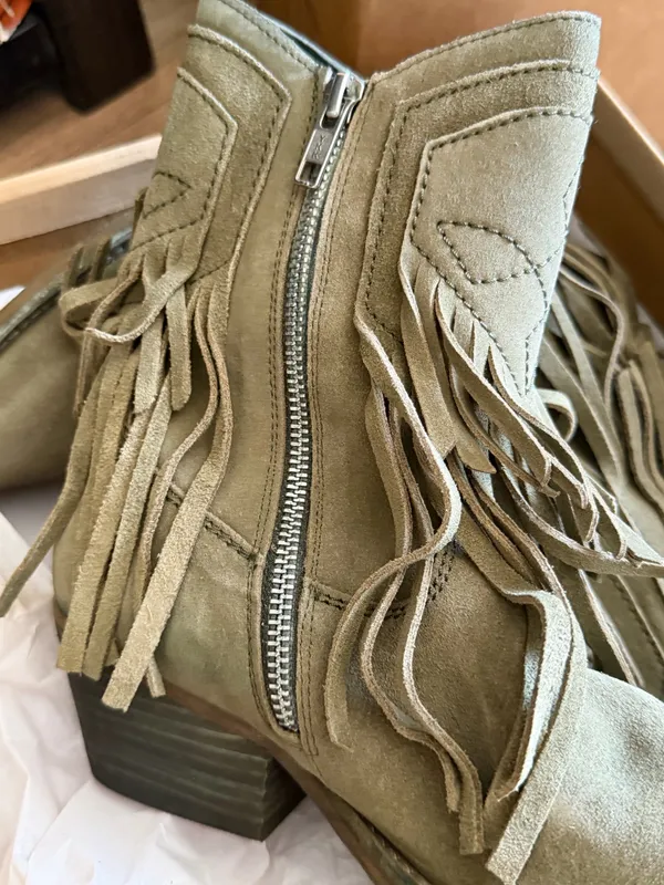 Free People Taupe Suede Leather Point Toe Lawless Fringe Western Boots - Image 10