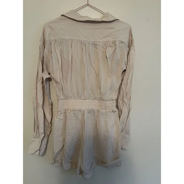 Mable Beige Long Sleeve Collared Smocked Waist Romper Shortalls‎ Size S - Image 6