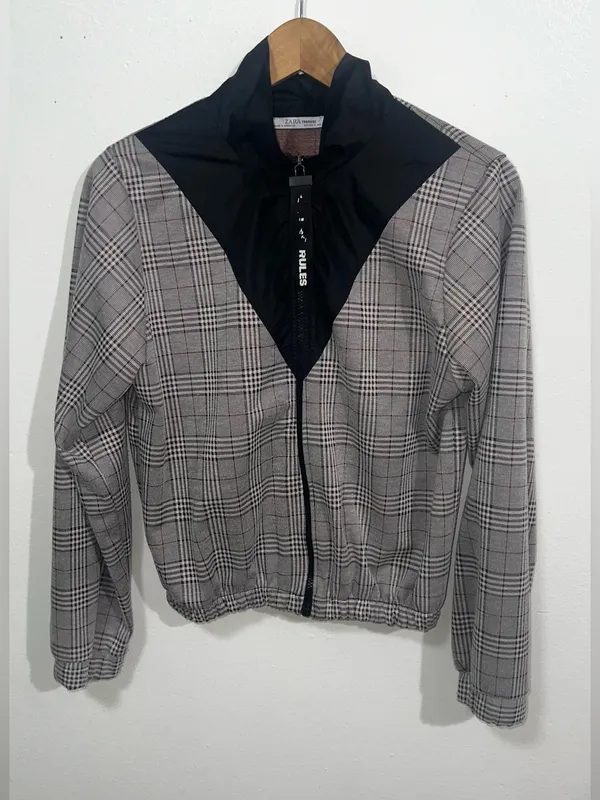 Zara Gray Plaid Bomber Jacket with Black Contrast Yoke - Image 3