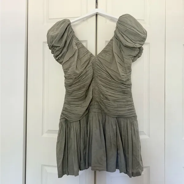 Abercrombie & Fitch Drama Puff Sleeve Ruched Mini Dress Sage Green Petite Large - Image 4