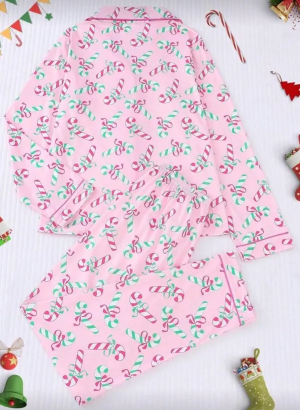 SheIn 2pcs/Set Christmas Candy Cane & Gift Print Pajama Set For Women - Image 2