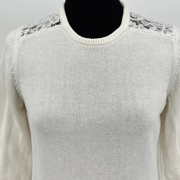 Ralph Lauren Lace Knit Top Womens M 3/4 Sleeve Sweater Quiet Luxury Costal White - Image 4