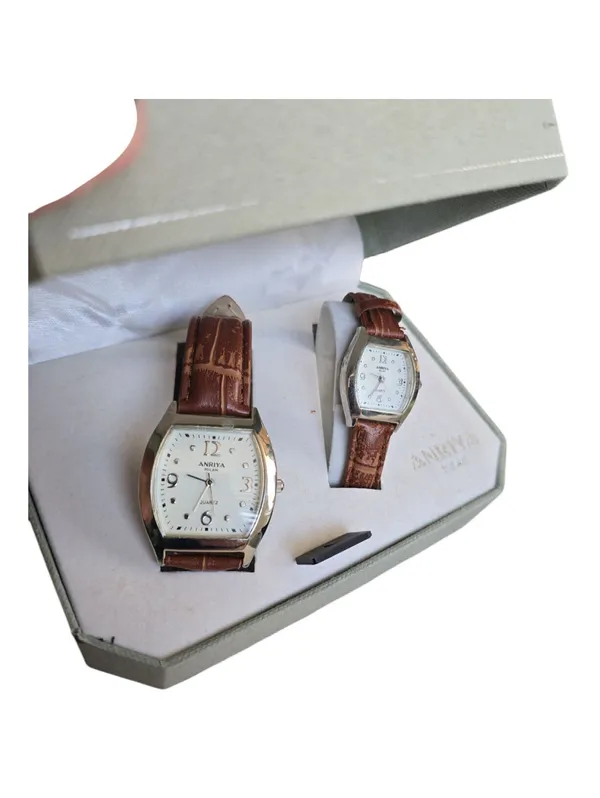 Anriya Milan Mens Womens Matching Watch Set Brown Leather Bands Vintage - Image 3