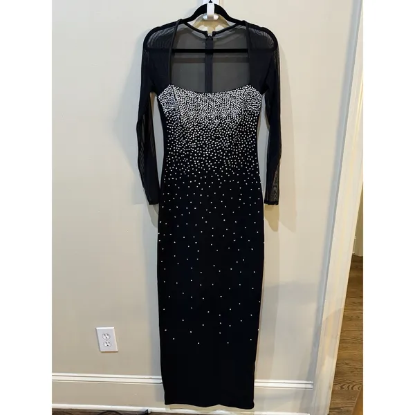 Vintage Lillie Rubin Black Maxi Dress Mesh Square Neck Beaded Size Medium - Image 2
