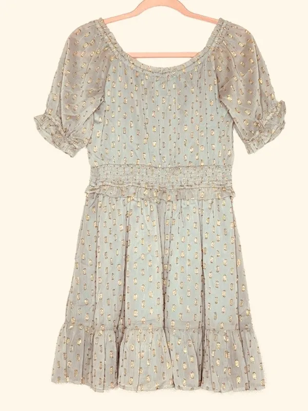 Lulus Women’s Touch of Glam Dusty Blue Dotted Off-the-Shoulder Mini Dress Size L - Image 4
