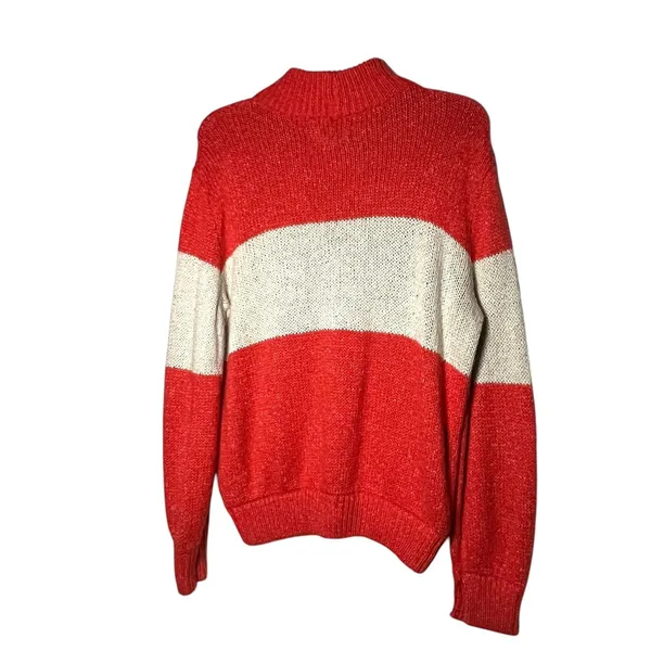 Aerie Sweater Wome's Small Coral White Striped Mock Neck Chunky Knit Pullover - Image 3