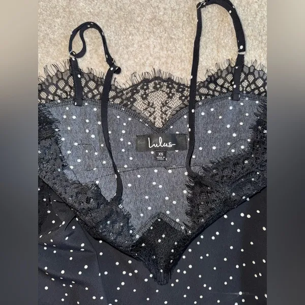 Lulu’s Maddox Eyelash Lace Cami in Black & White Polka Dot - Image 5