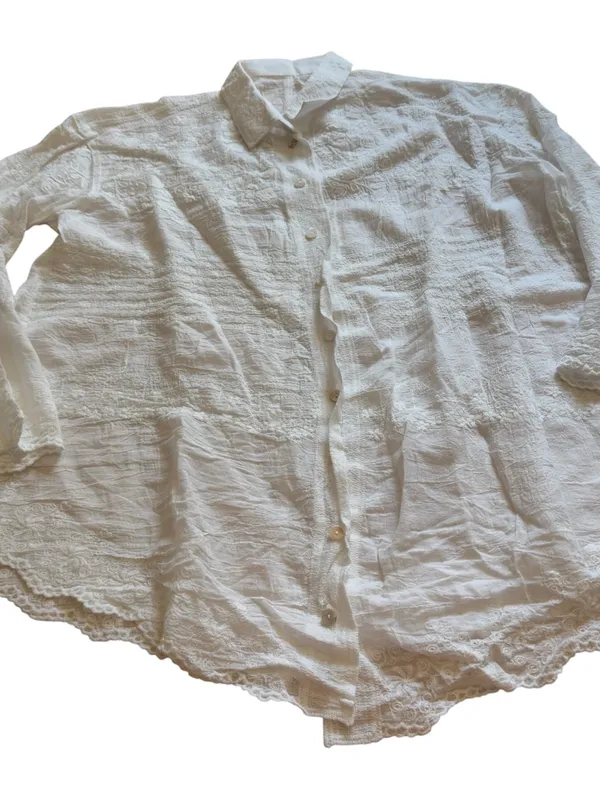 White Embroidered Cotton Gauze Lace Button Front Cottagecore Boho Blouse XL Top - Image 5