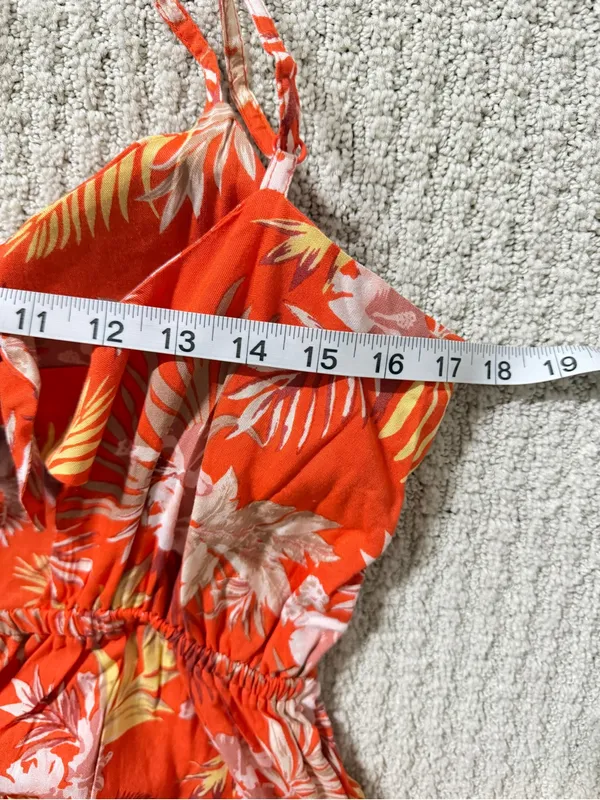 Derek Heart Tropical-Print Orange Mini Romper - Sleeveless V-Neck Sz M - Image 5