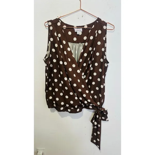 SWEET PEA Brown White Polka-Dot Sleeveless V-Neck Elastic Waist Top size Large - Image 2