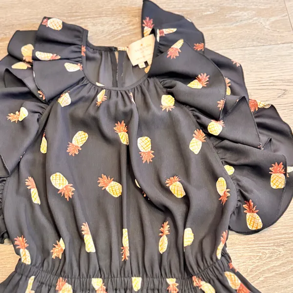 Kate Spade New‎ York Pineapple Print Ruffle Dress XS Black Short Sleeve - Image 3