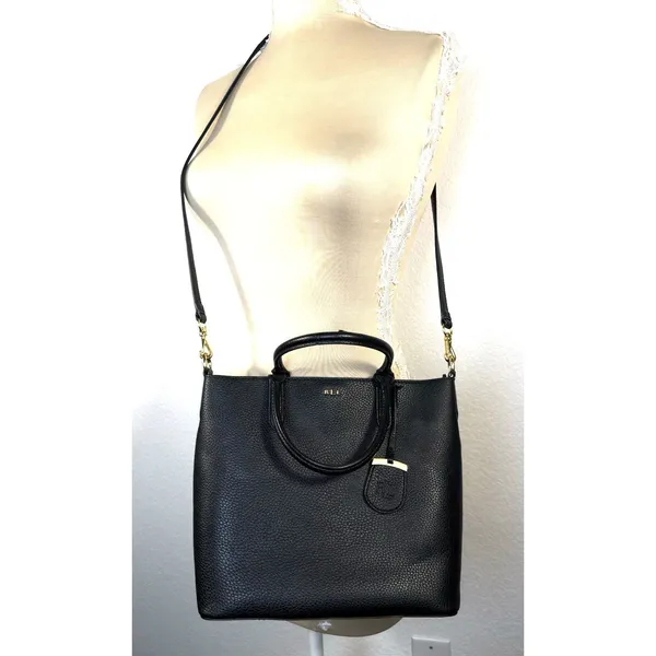 Lauren Ralph Lauren Andover Black Pebbled Tote Satchel Crossbody Bag Gold RLL - Image 2