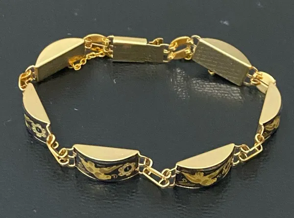 Vintage Damascene Gold-tone Enameled Birds & Flowers Link 8” Bracelet 16.3g - Image 8