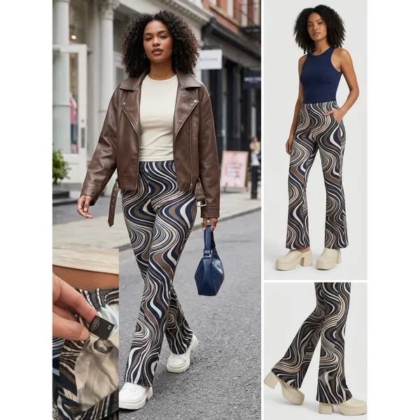 Cider‎ Womens XS Brown Navy Swirl Psychedelic Flare Leg High Waist Retro Pants - Image 2