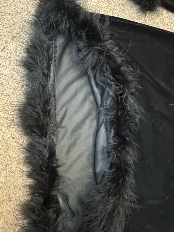 Dolls Kill Sugar Thrillz Black Velvet Feather Trim Matching Set NWT top S skirt XS - Image 7