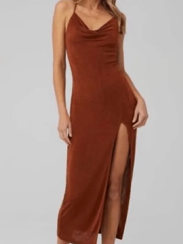 Cowl-Neck Midi Slip Dress in Rust Brown - Image 3