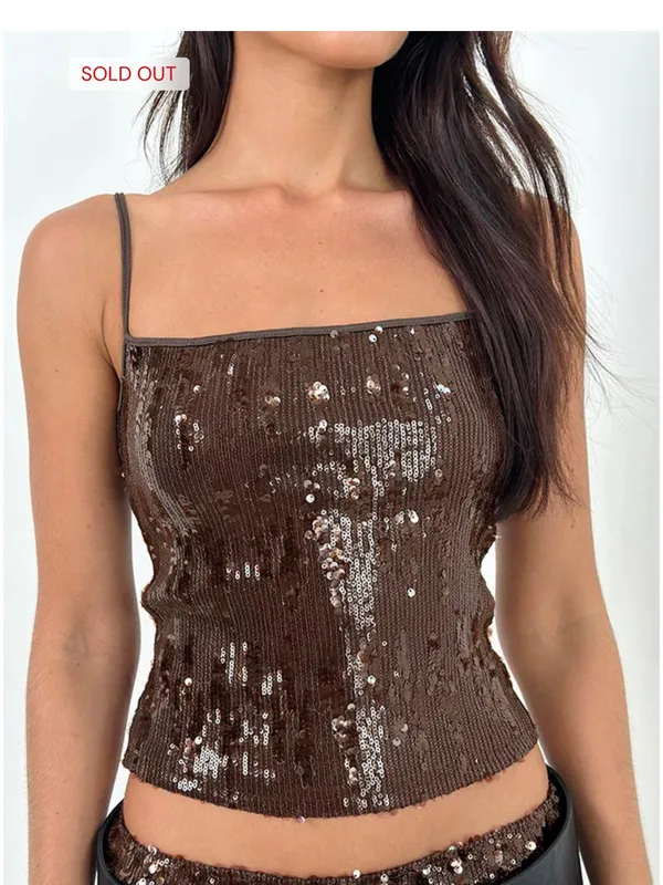 Motel Rocks Biyaya Cami Top With Binding In Sequin Brown - Image 3