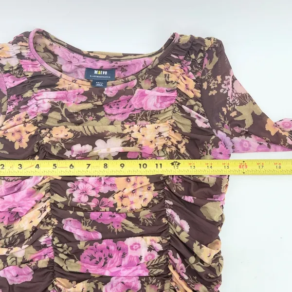 Maeve Anthropologie Ruched Mesh Floral Long Sleeve Top Brown Pink Small - Image 5