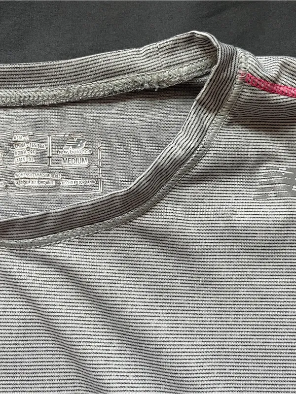 New Balance Short Sleeve Shirt Top Womens Medium Performance NB Grey Stripe Pink - Image 2