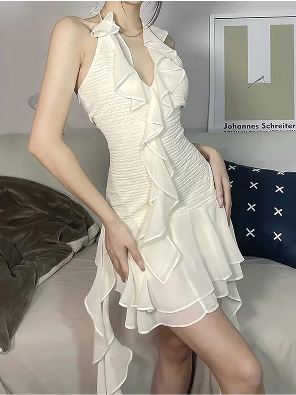 Amazon Ivory Ruffle Halter Dress - Image 2