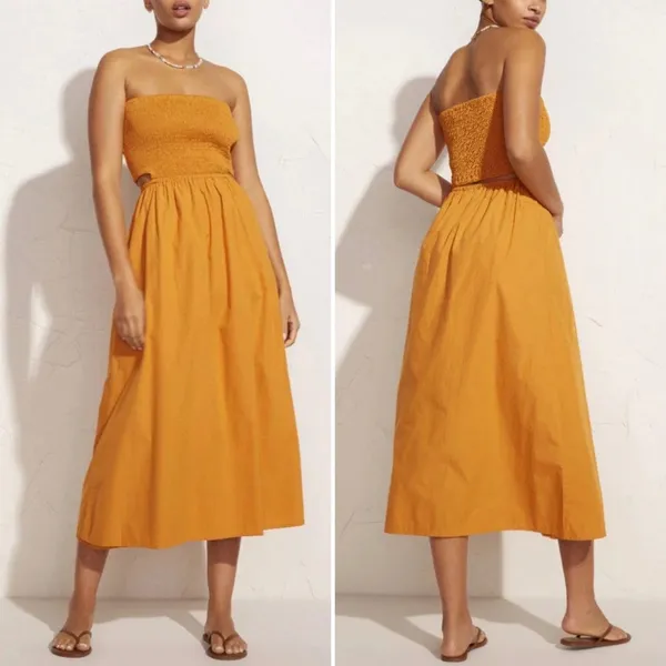 NWT Faithfull The Brand Deva Midi‎ Dress Plain Orange Smocked Cut Out Large - Image 2