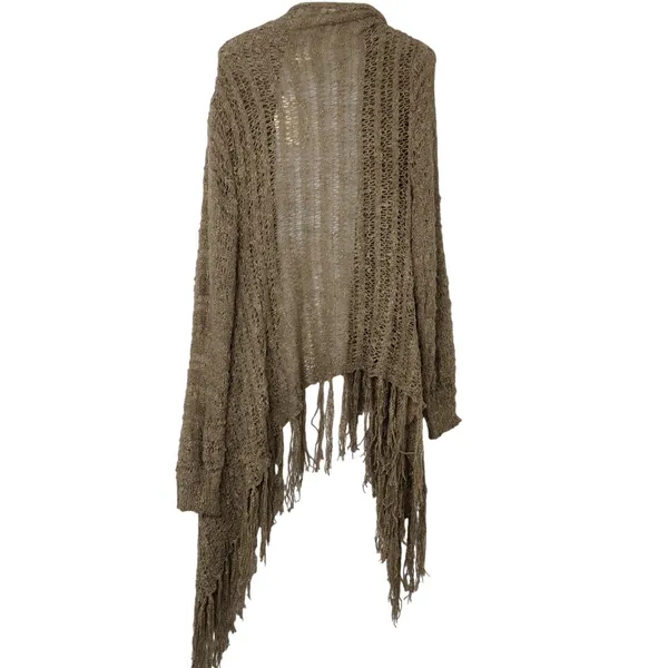 Y2k Miracle City Taupe Open Knit Fringe Longline Duster Cardigan Small Medium - Image 3