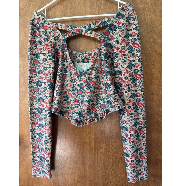 Free People sz M Ruffle Paisley Melanie Scoop Top Blouse Boho Feminine Cottage - Image 9