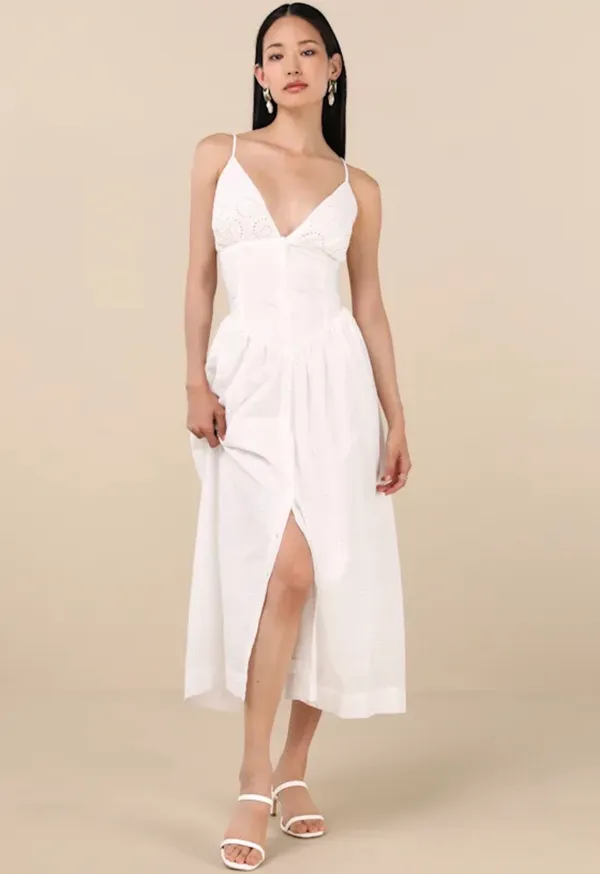 Zahrah Lulus White Eyelet Embroidered Button-Front Midi Dress - Image 4
