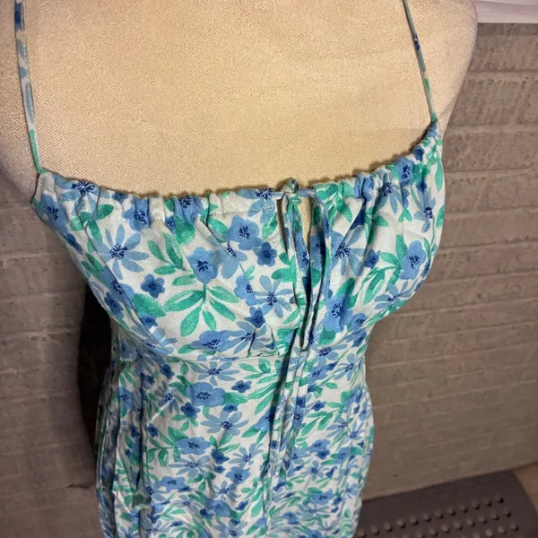 Forever 21 Blue Floral Mini Dress Smocked Back Spaghetti Strap Small - Image 2