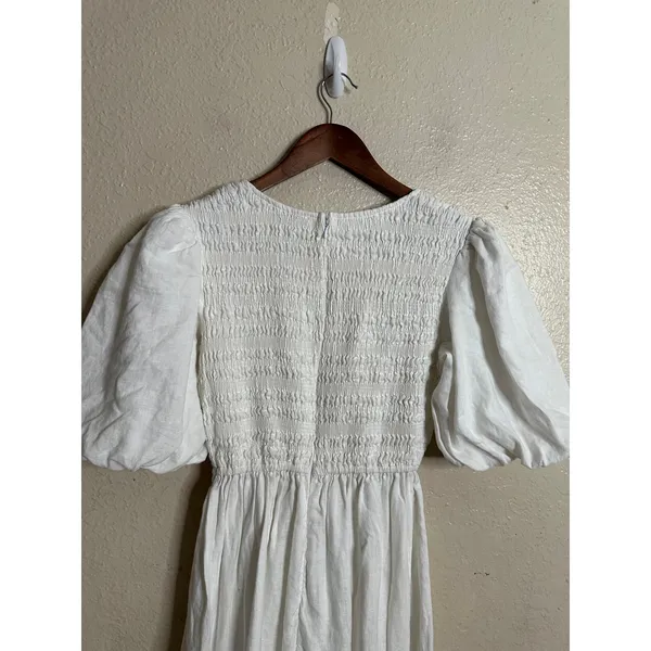 Dissh White 100% Linen Puff Sleeve Smocked Midi Dress Cottagecore Coastal US 6 - Image 11