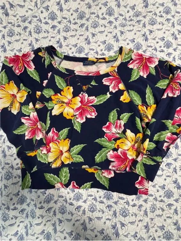 polo ralph Lauren women’s Floral Hibiscus Crop Sweatshirt Size Large Wide Neck - Image 7