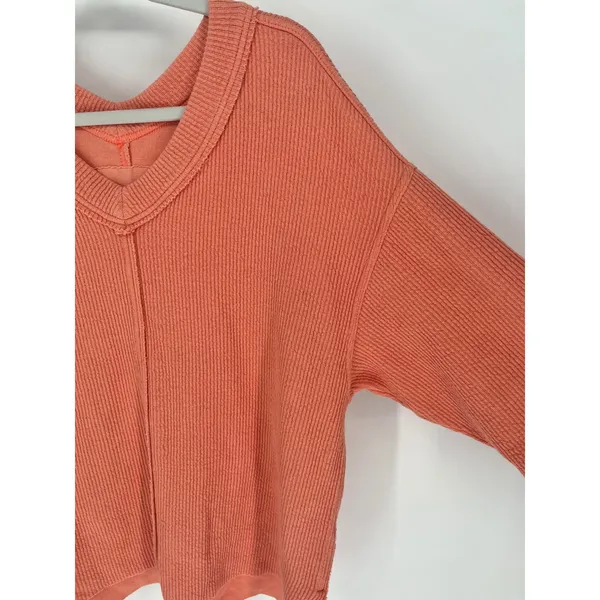 AERIE Wonder Textured V-Neck Sweatshirt Women Small Peach Waffle‎ Knit Oversized - Image 5