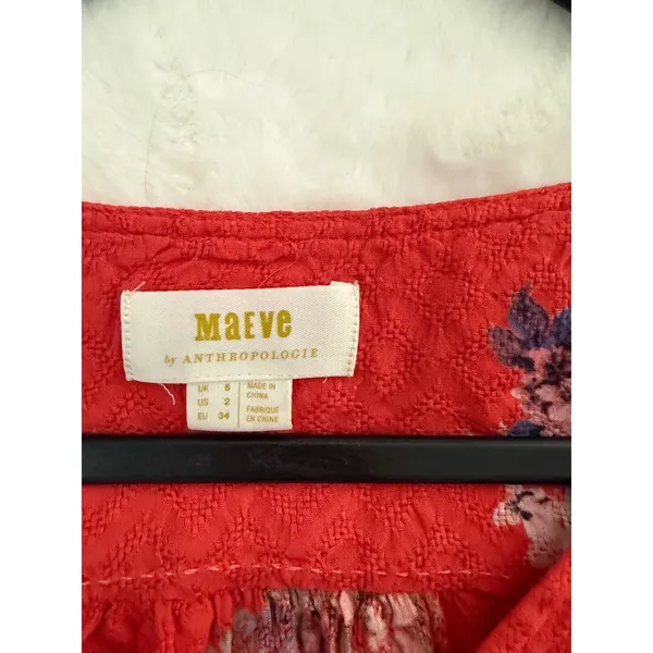 Maeve Anthropologie Red Floral Button Front Puff Sleeve Blouse‎ Top Size 2 - Image 4