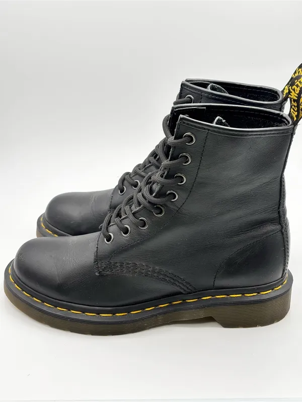Dr. Martens Black Leather 8-Eye Lace-Up Boots with Yellow Stitching - Image 4